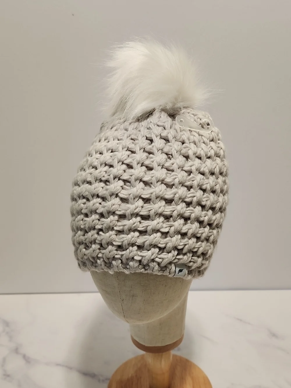 Fabletics  Chunky Knit Beanie Warm Hat with White Cozy Gray Knit  with Pom Pom